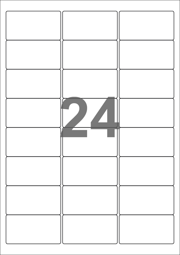 A4-etiketter, 24 Udstansede etiketter/ark, 64,0 x 33,9 mm, hvid blank/glossy, 100 ark